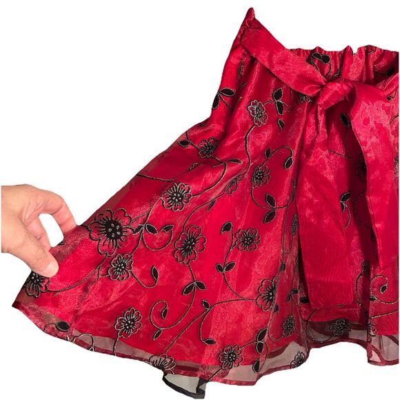 Blueberi Boulevard Girls Red Black Party Dress. Velvet Feel Top, Embroidered 6 - Picture 5 of 11